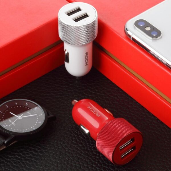 Rock ® Dual USB Car Charger For Fast Charging Metal 2 Port Travel Adapter